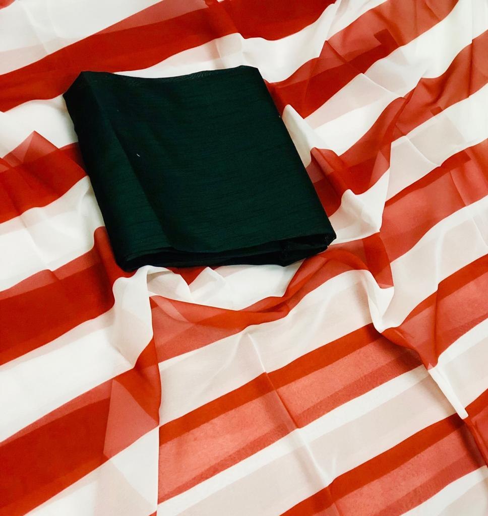 Red and white strip stylist partywear saree