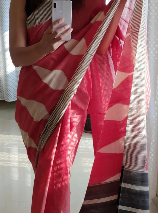 Red and whtie chanderi cotton printed saree