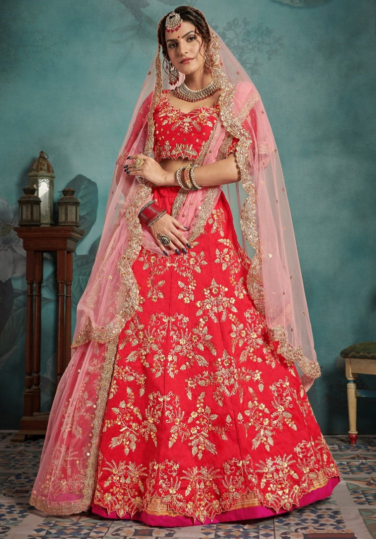 Red art silk designer embroidered bridal lehenga choli
