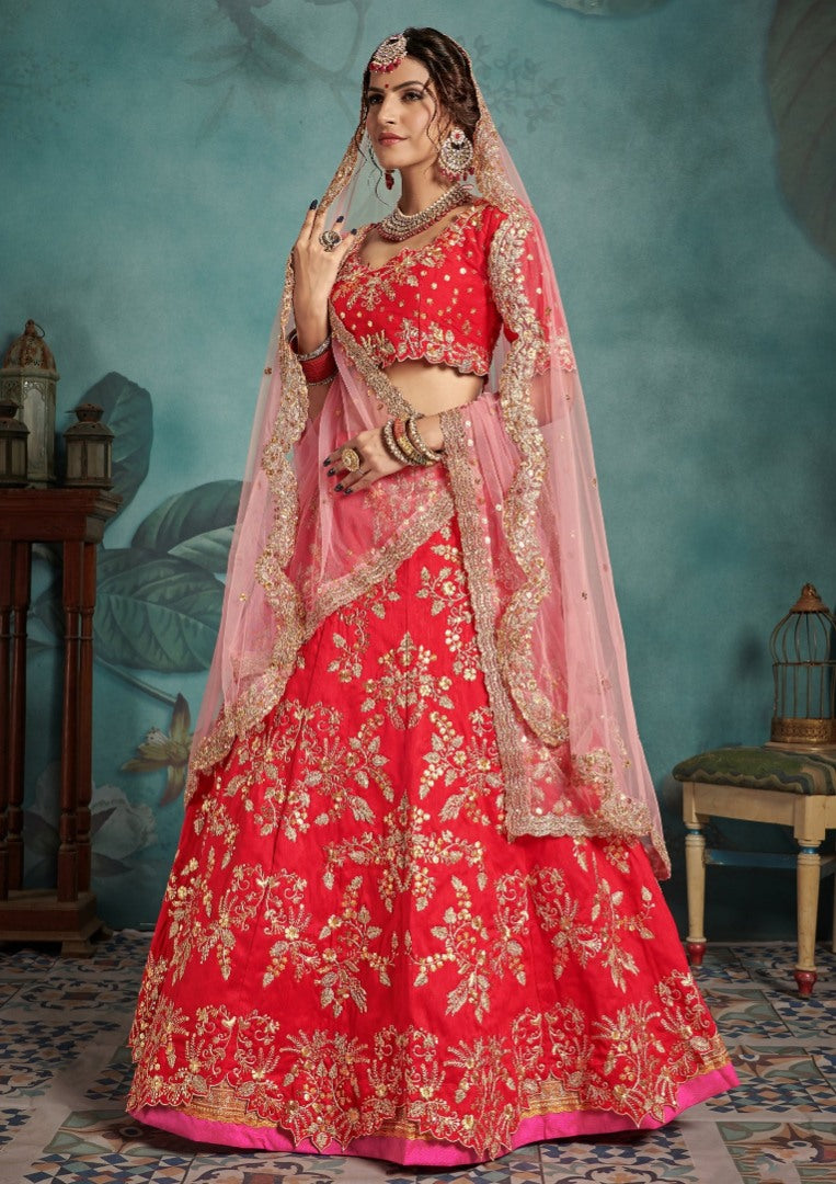 Red art silk designer embroidered bridal lehenga choli