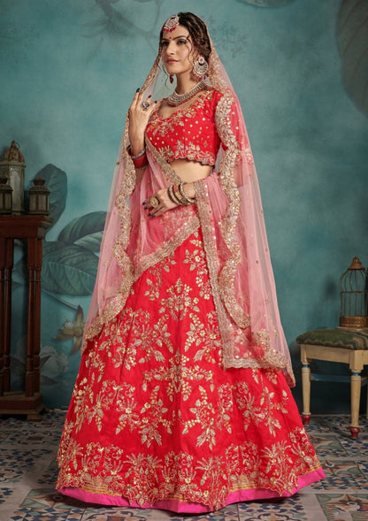 Red art silk designer embroidered bridal lehenga choli
