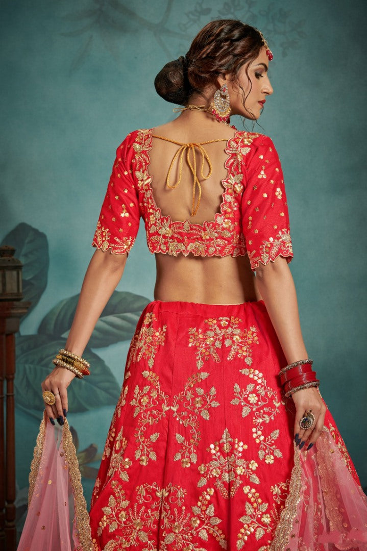 Red art silk designer embroidered bridal lehenga choli