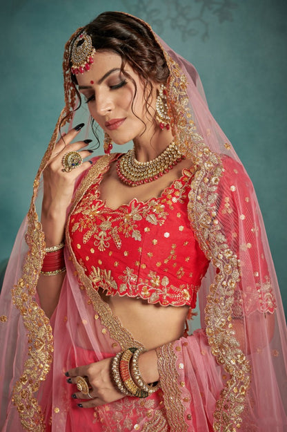 Red art silk designer embroidered bridal lehenga choli