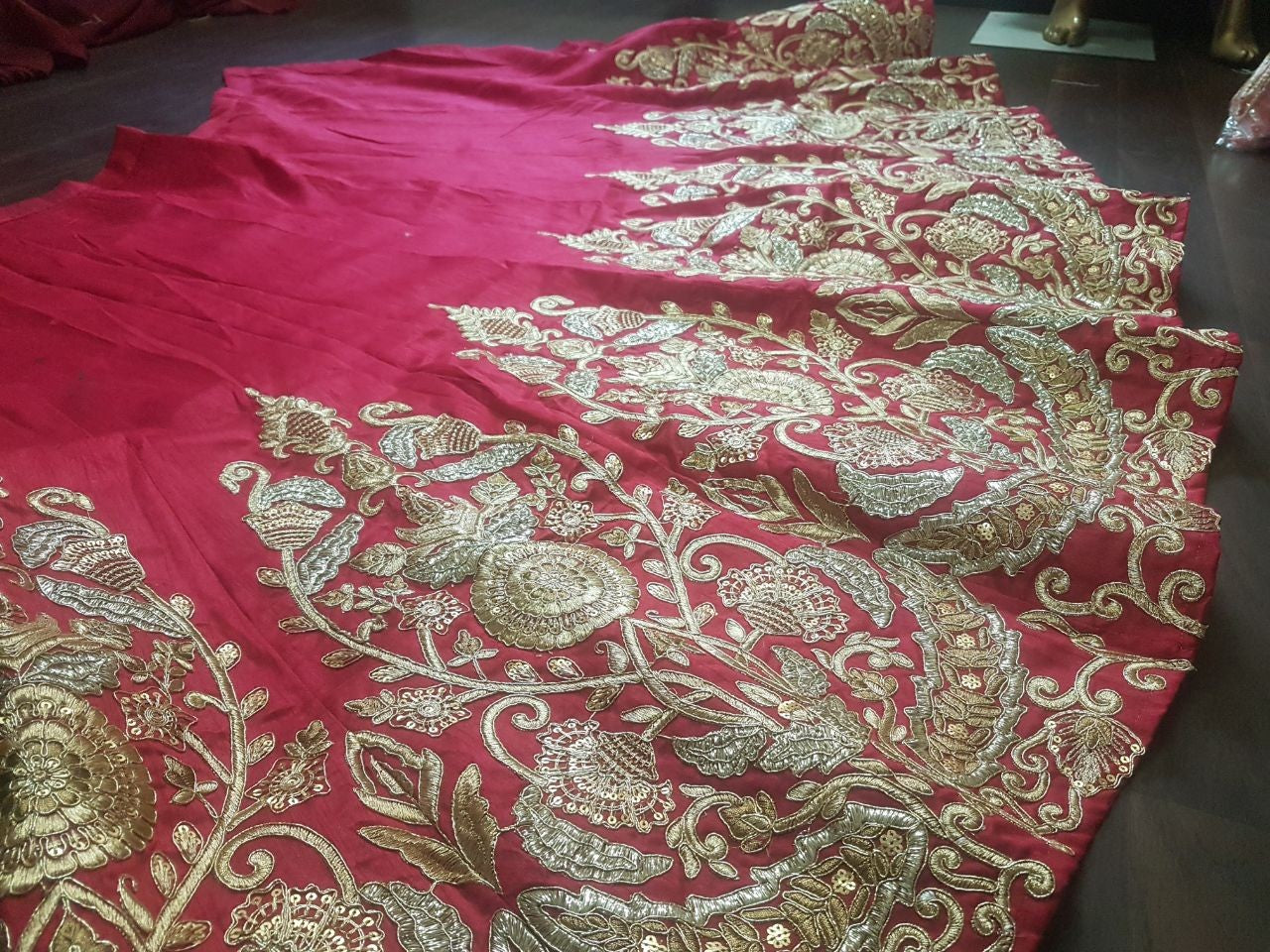 Red art silk embroidered wedding lehenga