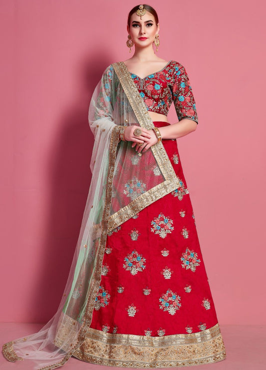 Red art silk embroidered work party wear lehenga choli