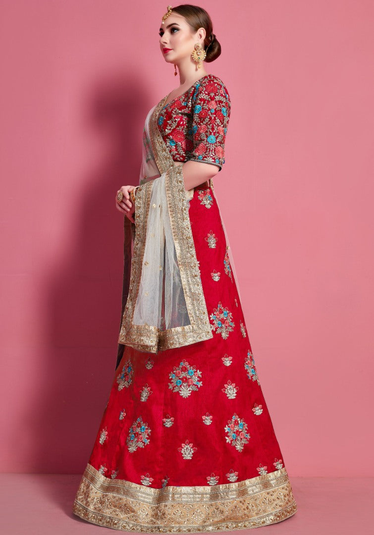 Red art silk embroidered work party wear lehenga choli