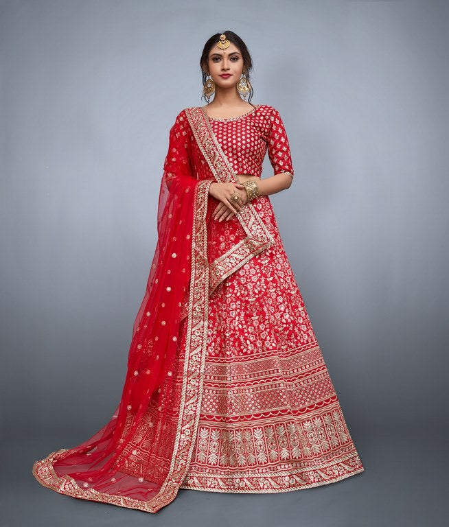 Red art silk heavy embroidered bridal lehenga