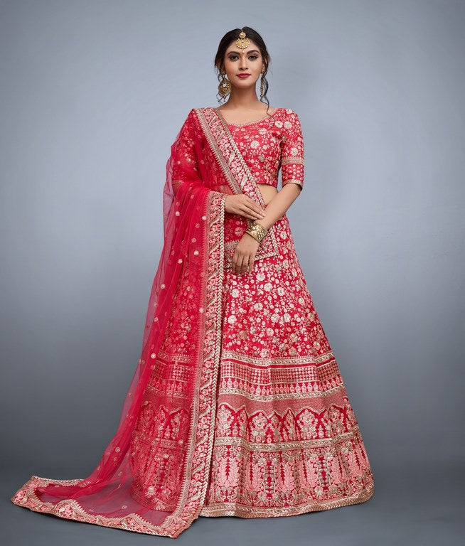 Red art silk heavy embroidered bridal lehenga choli