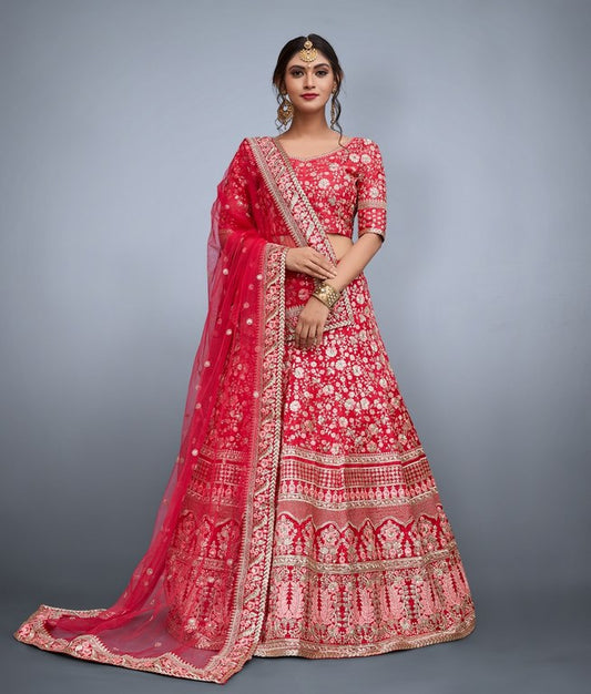 Red art silk heavy embroidered bridal lehenga choli