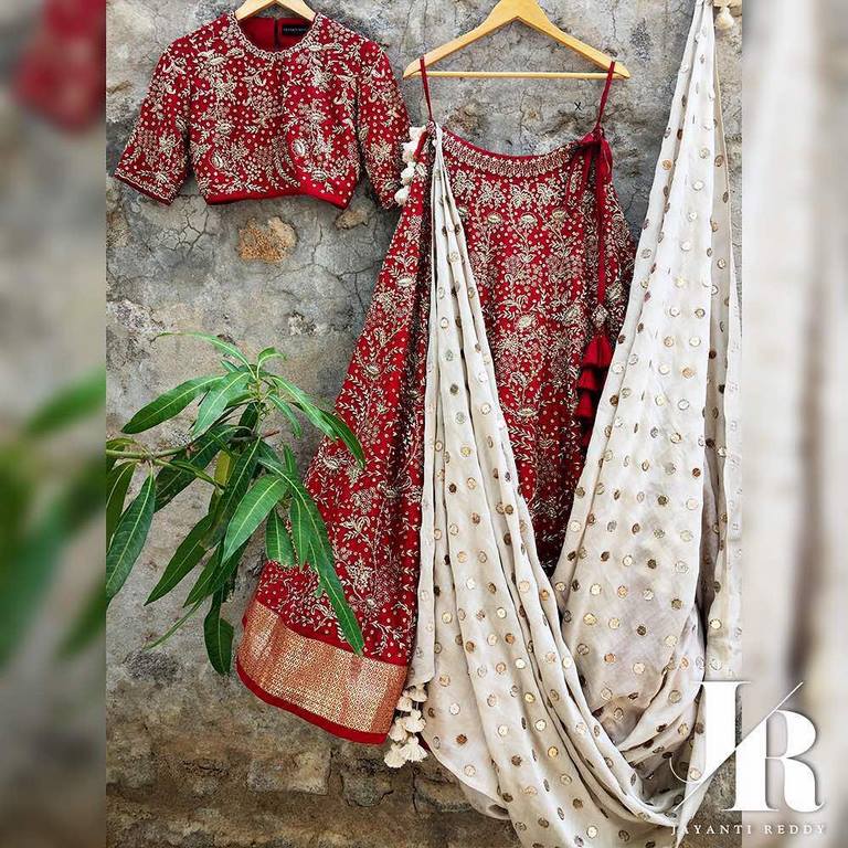 Red art silk heavy embroidered bridal wedding lehenga