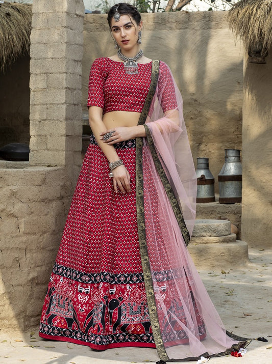 Red art silk printed party wear & ceremonial lehenga choli