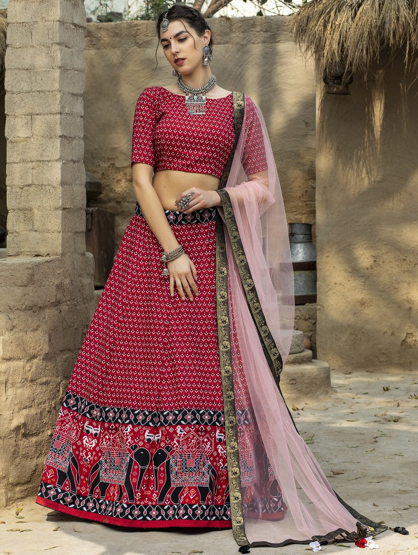 Red art silk printed party wear & ceremonial lehenga choli