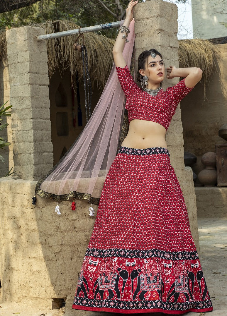 Red art silk printed party wear & ceremonial lehenga choli