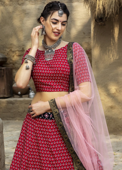 Red art silk printed party wear & ceremonial lehenga choli