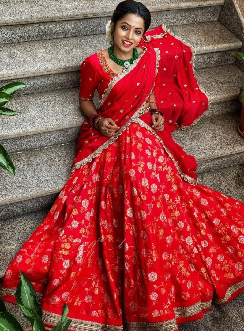 Red banarasi fancy embroidered jacquard wedding lehenga choli
