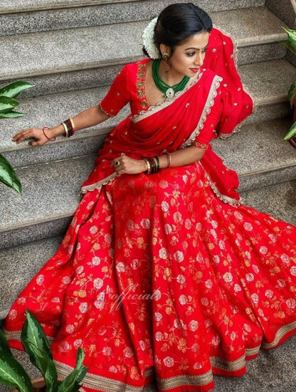 Red banarasi fancy embroidered jacquard wedding lehenga choli