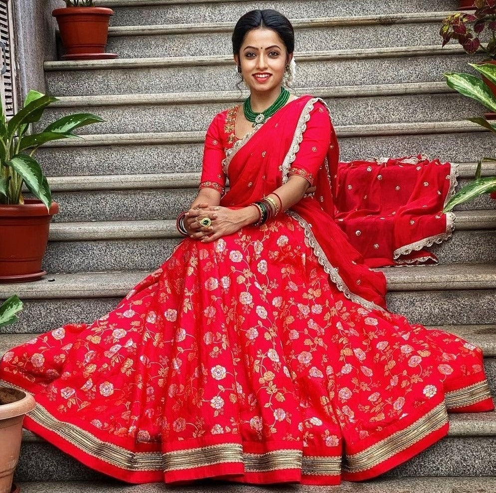 Red banarasi fancy embroidered jacquard wedding lehenga choli