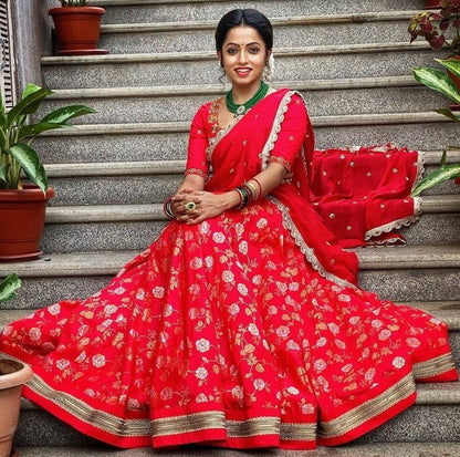 Red banarasi fancy embroidered jacquard wedding lehenga choli