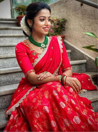 Red banarasi fancy embroidered jacquard wedding lehenga choli