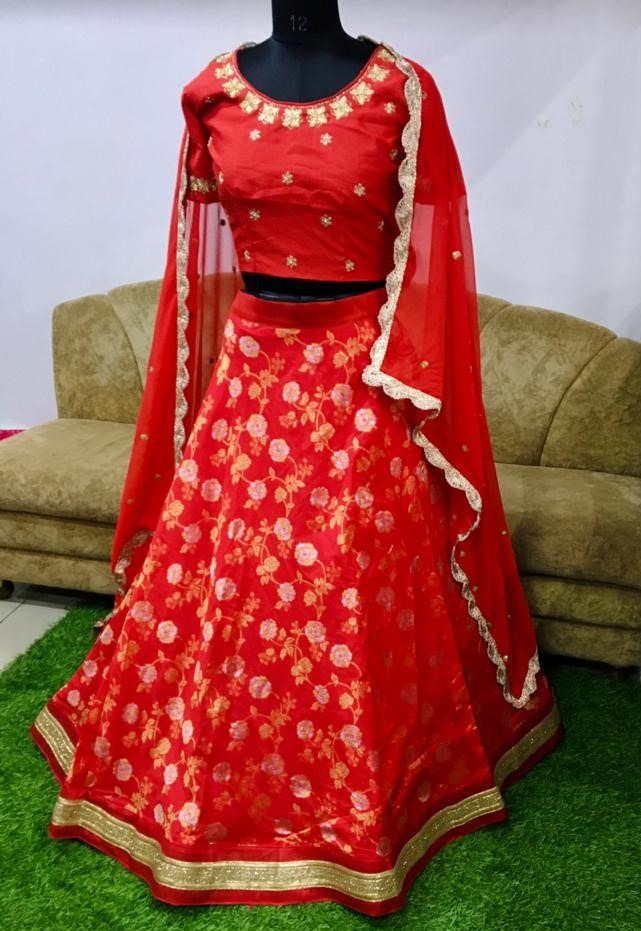 Red banarasi fancy embroidered jacquard wedding lehenga choli