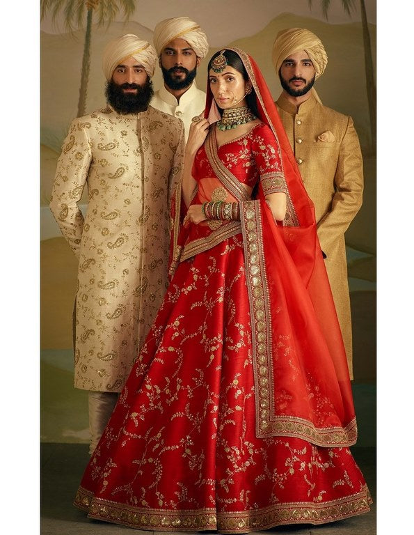 Red banarasi silk embroidered bridal lehenga