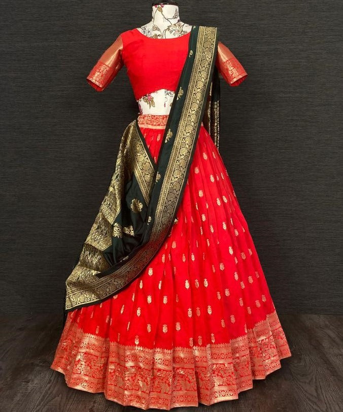 Red banarasi silk jacquard weaving work ceremonial lehenga choli