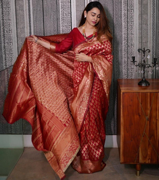 Red banarasi silk jacquard weaving work ceremonial saree