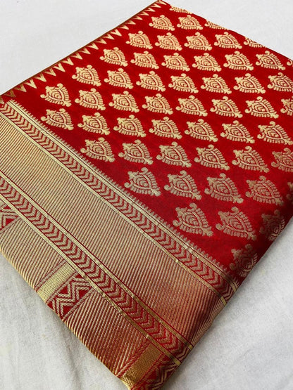 Red banarasi silk jacquard weaving work ceremonial saree