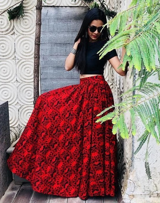 Red banglori satin beautiful printed crop top lehenga