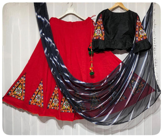 Red banglori silk kutchhi work navratri special chaniya choli with leheriya dupatta
