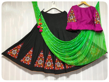 Red banglori silk kutchhi work navratri special chaniya choli with leheriya dupatta