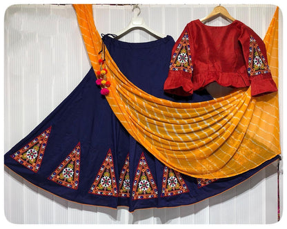 Red banglori silk kutchhi work navratri special chaniya choli with leheriya dupatta