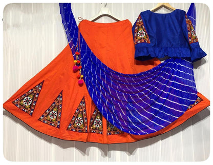 Red banglori silk kutchhi work navratri special chaniya choli with leheriya dupatta