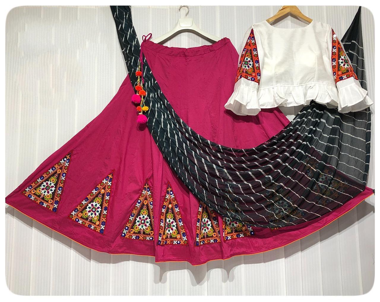 Red banglori silk kutchhi work navratri special chaniya choli with leheriya dupatta