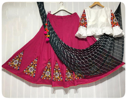 Red banglori silk kutchhi work navratri special chaniya choli with leheriya dupatta