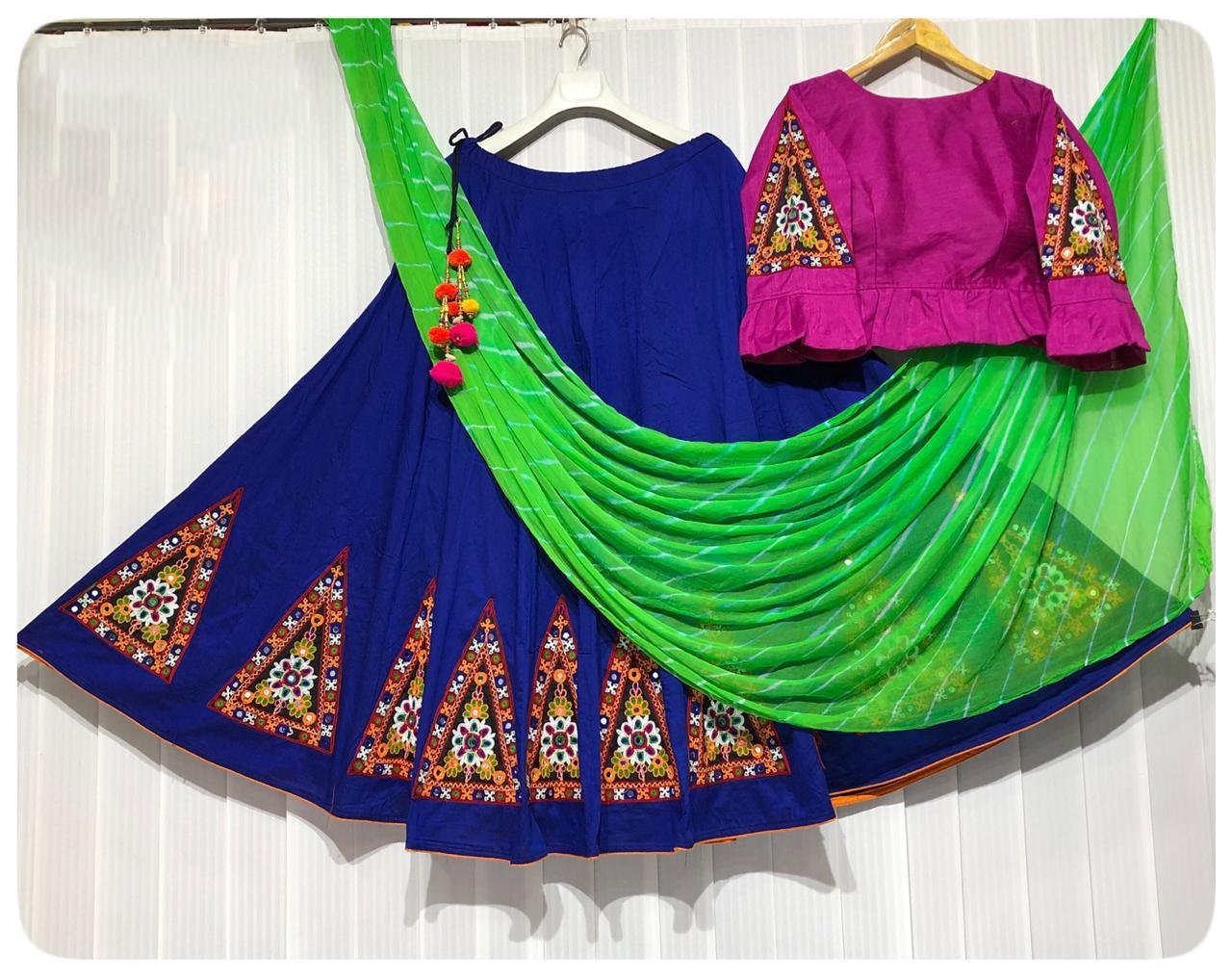 Red banglori silk kutchhi work navratri special chaniya choli with leheriya dupatta