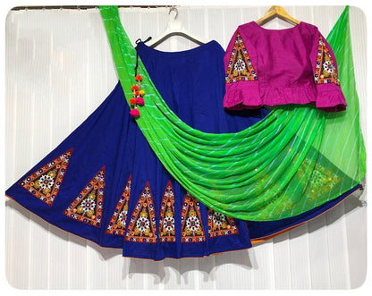 Red banglori silk kutchhi work navratri special chaniya choli with leheriya dupatta