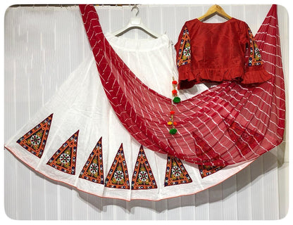 Red banglori silk kutchhi work navratri special chaniya choli with leheriya dupatta