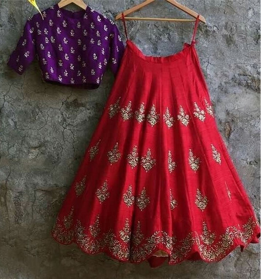 Red banglori silk stylist embroidered partywear lehenga with blue choli