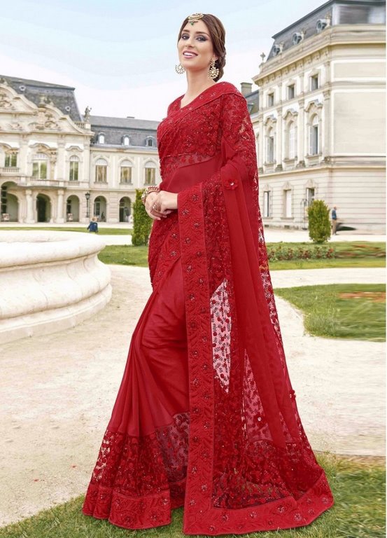 Red blooming georgette heavy embroidered partywear saree