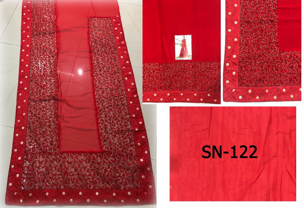 Red blooming georgette heavy embroidered partywear saree