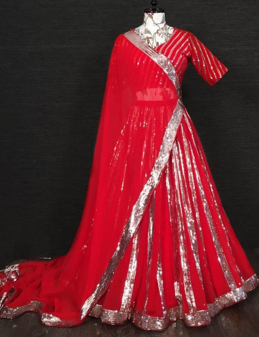 Red blooming georgette sequence embroidered lehenga choli
