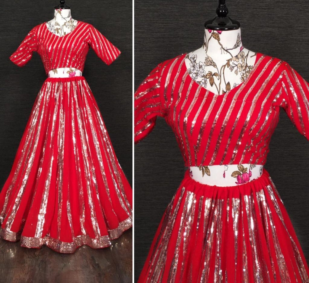 Red blooming georgette sequence embroidered lehenga choli