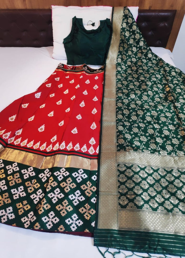 Red brocade silk lehenga with banarasi dupatta