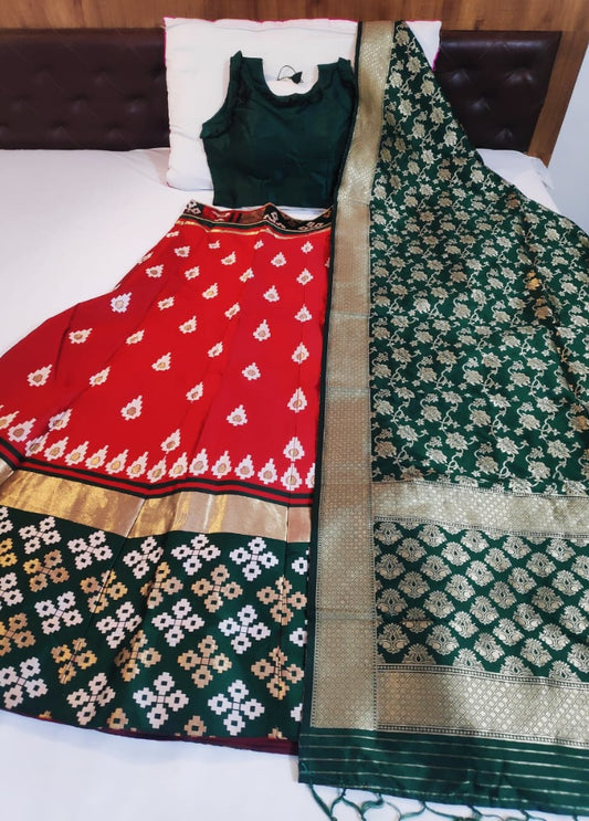 Red brocade silk lehenga with banarasi dupatta