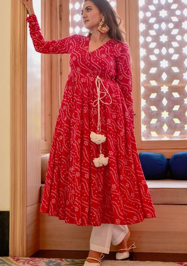 Red butter silk bandhni printed kurti