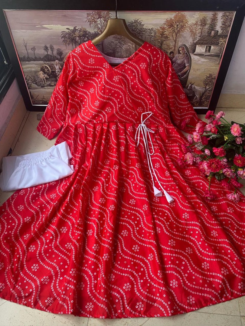 Red butter silk bandhni printed kurti
