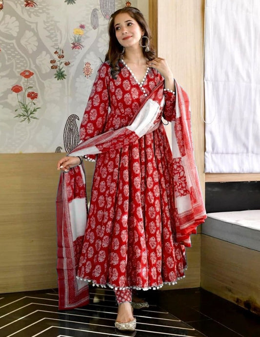 Red butter silk digial printed anarkali suit