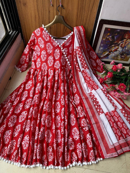 Red butter silk digial printed anarkali suit