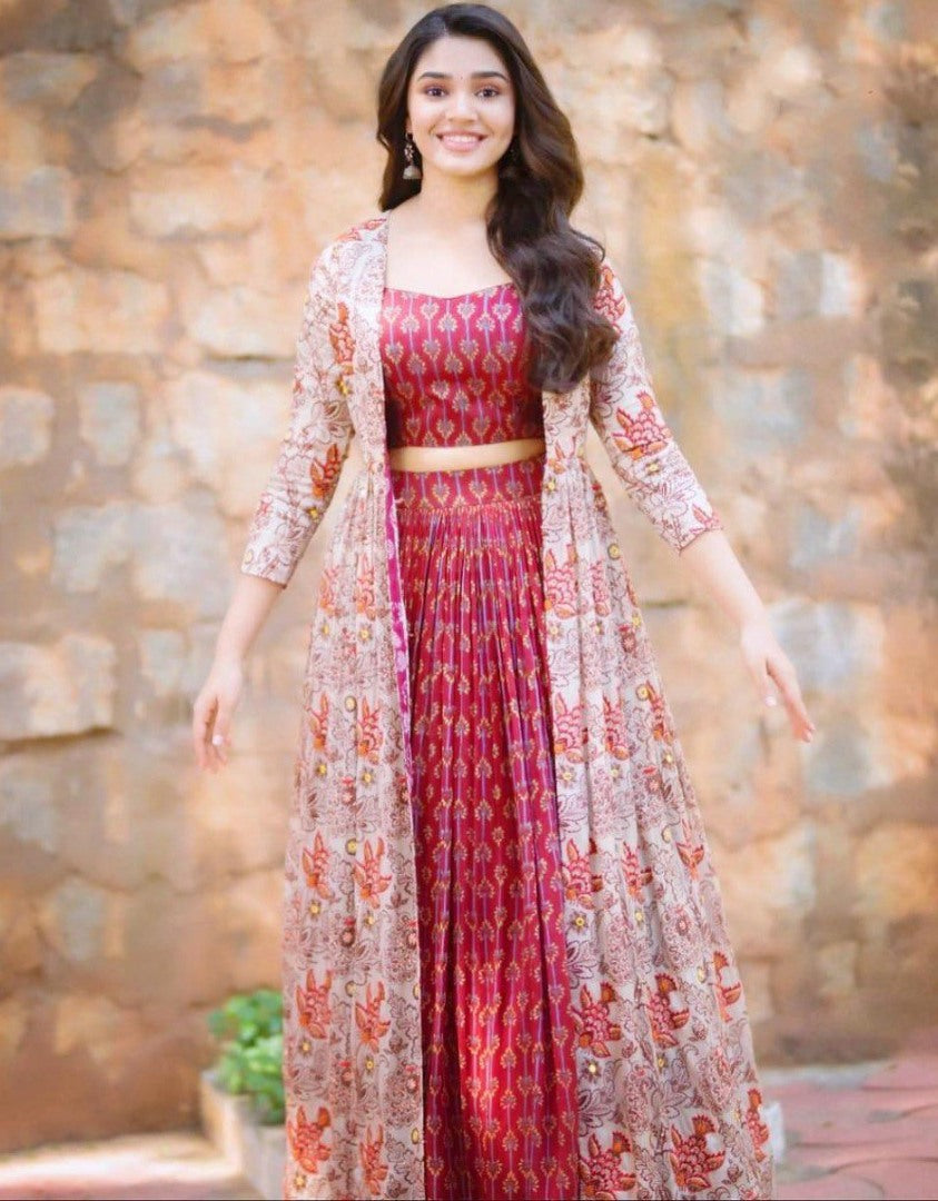 Red butter silk digital printed work lehenga choli with shrug
